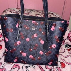 Coach Navy and Pink Cherry Print Tote Bag